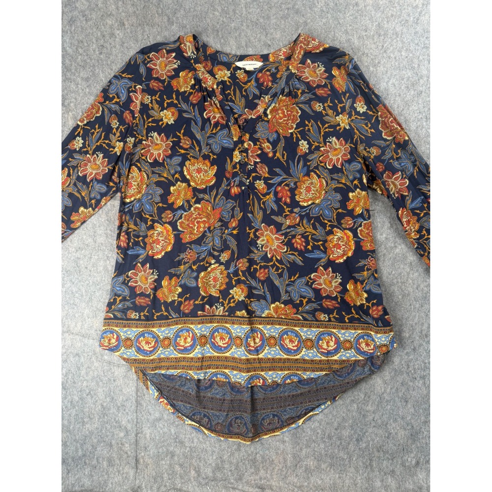 Lucky Brand Navy Blue Floral Boho Blouse XL Long Sleeve High Low V-Neck Top